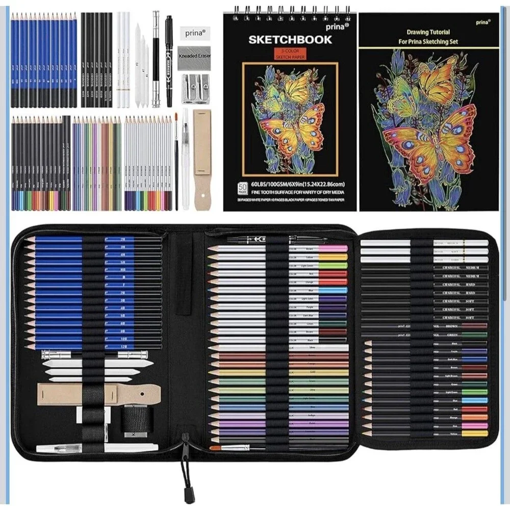 76 Pack Drawing Set Sketching Kit, Pro Art Supplies with 3-Color Sketchbook, Inc